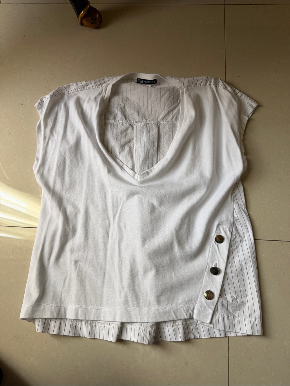 Zara White V-Neck Layered Tank with Button Detail
